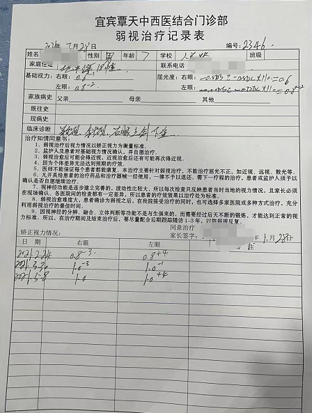 宜宾弱视治疗：7岁弱视儿童治疗3个月后视力恢复正常！